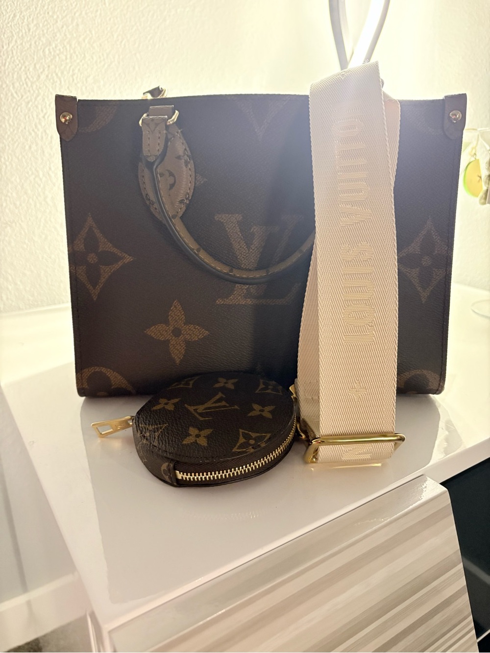 Louis Vuitton Cream Canvas Shopper with Navy Logo